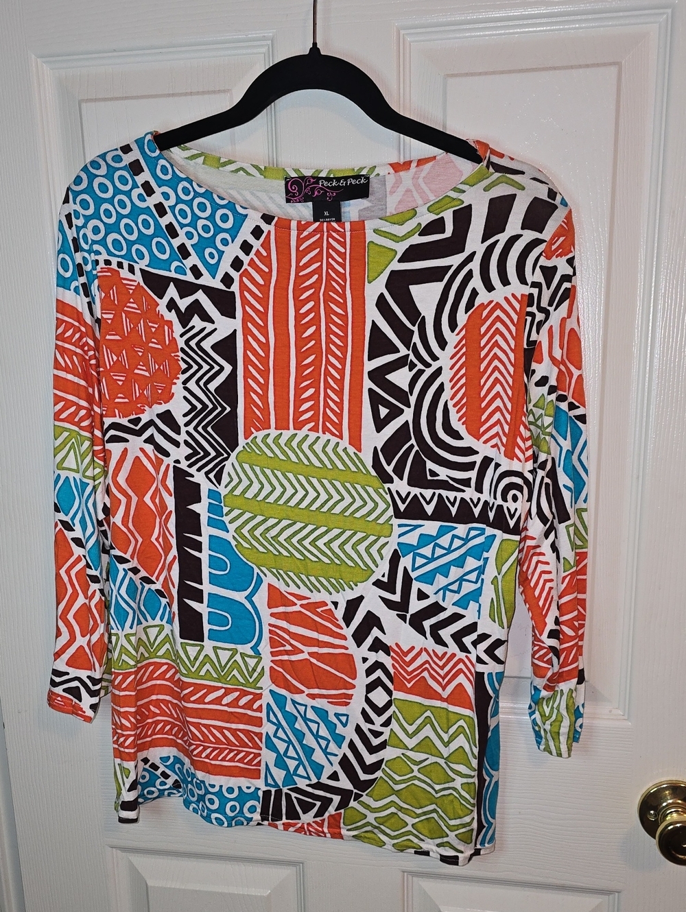 Peck & Peck Blue, Orange, Green & Black Geometric Long Sleeve Tee